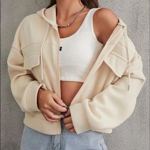 Drop Shoulder Drawstring Hooded Jacket